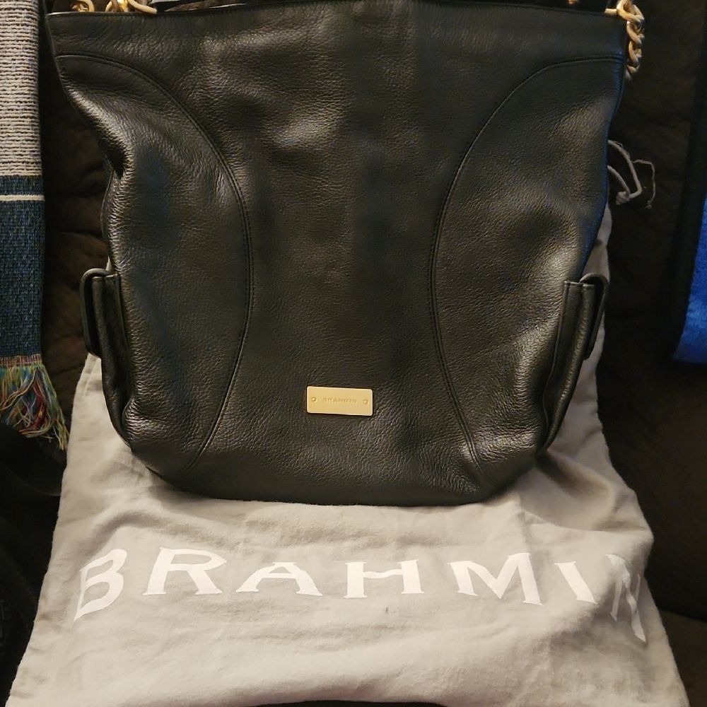 Brahmin Black Leather Shoulder Bag with Gold Details